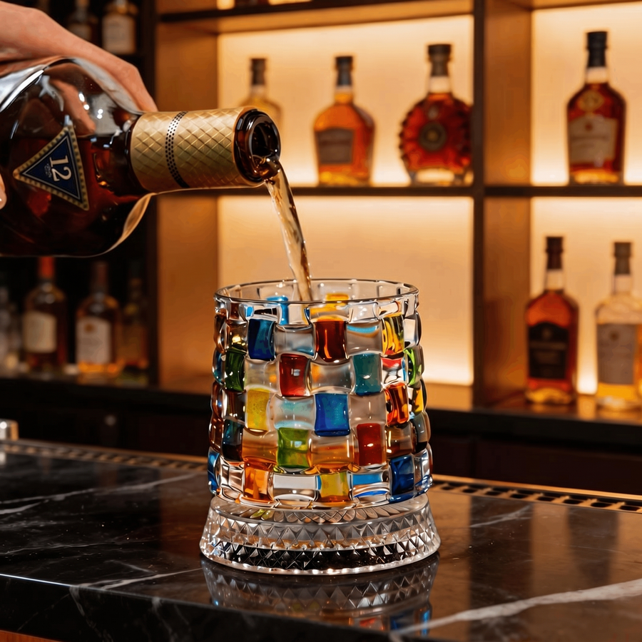 Ellis Rotating Whiskey Glass, Stained design, in hand